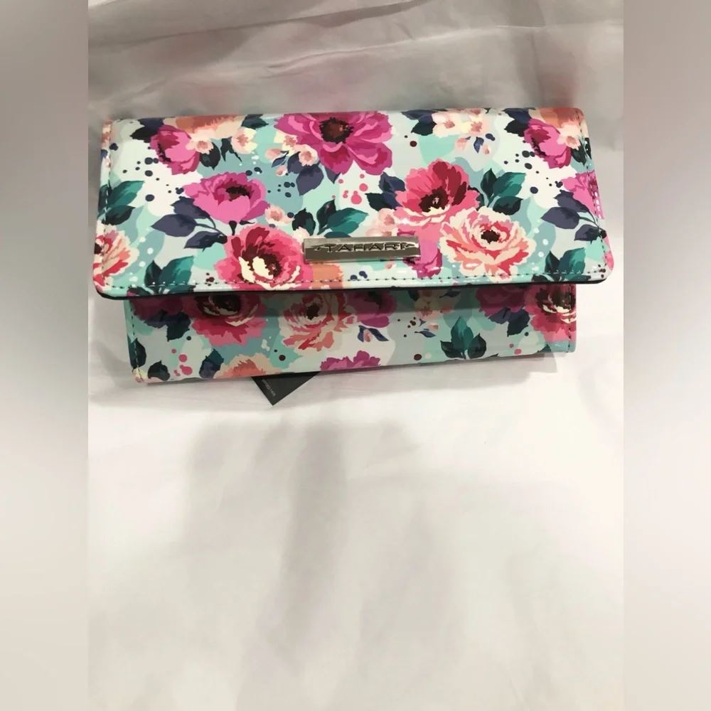 Tahari blue pink rose flowers‎ floral glossy patent foldover wallet new